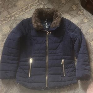 Dark Navy Quilted Puffer Jacket with Faux Fur Collar